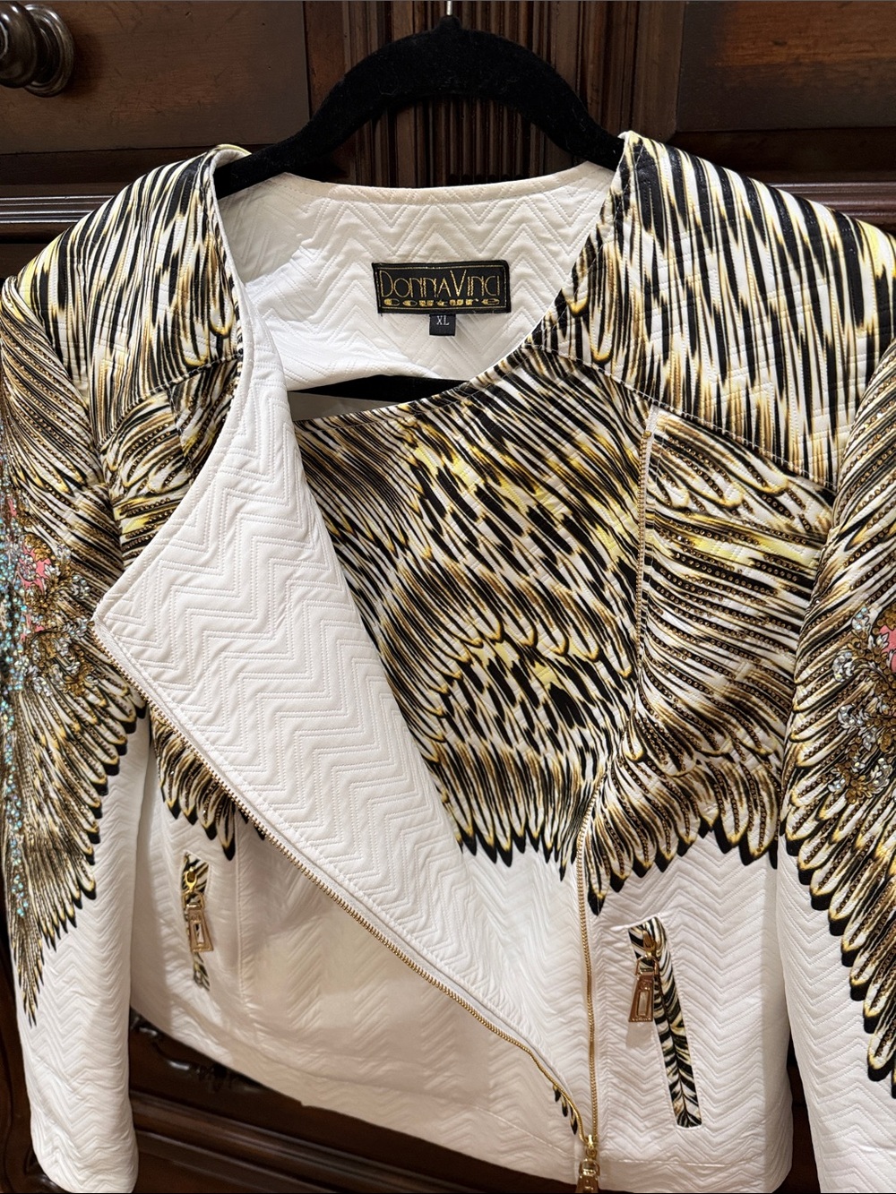 Donna Vinci White & Gold Embellished Moto Jacket - Picture 5 of 7